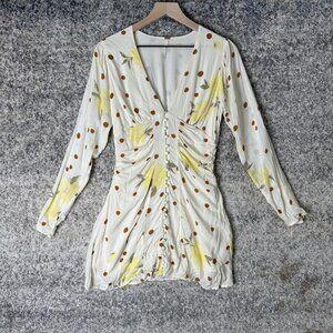 Free People Dress Womens Small White Yellow Floral Polka Dot Ruched Long‎ Sleeve